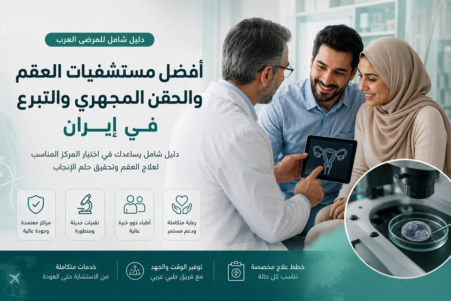 طبيب يشرح خطة علاج العقم لزوجين عربيين داخل أحد مراكز الحقن المجهري في إيران مع مختبر أجنة حديث وتقنيات متقدمة لعلاج العقم وأطفال الأنابيب